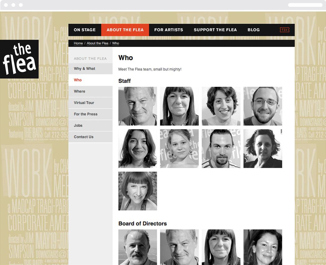 The about us page from the The Flea Theater website, with headshots and bios for the staff and board of directors.
