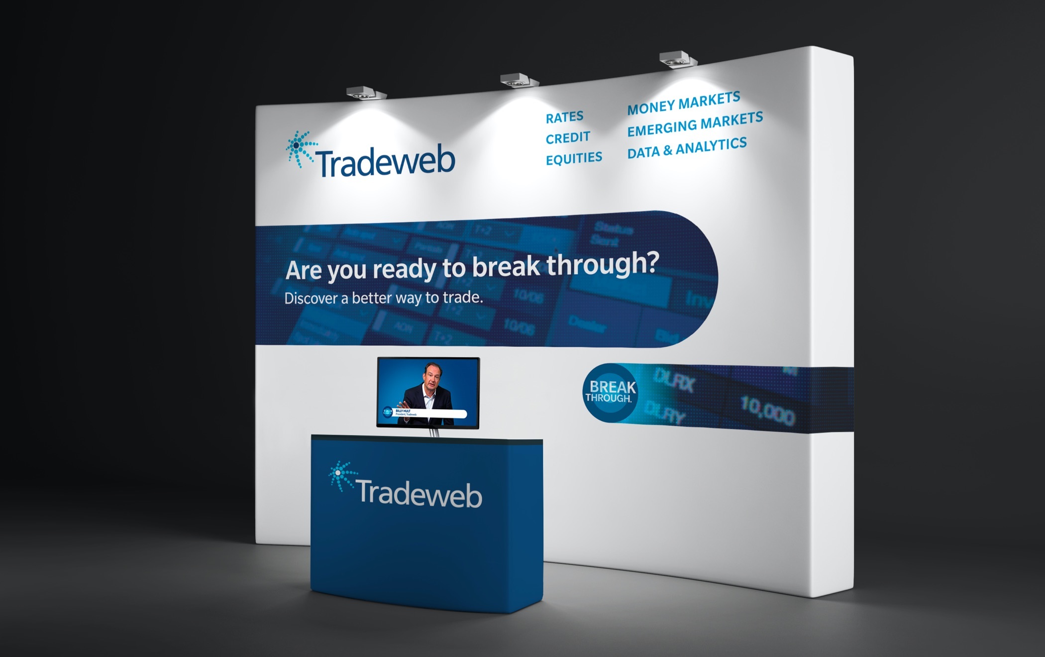 A  tradeshow booth featuring Tradeweb’s break through advertising theme. 