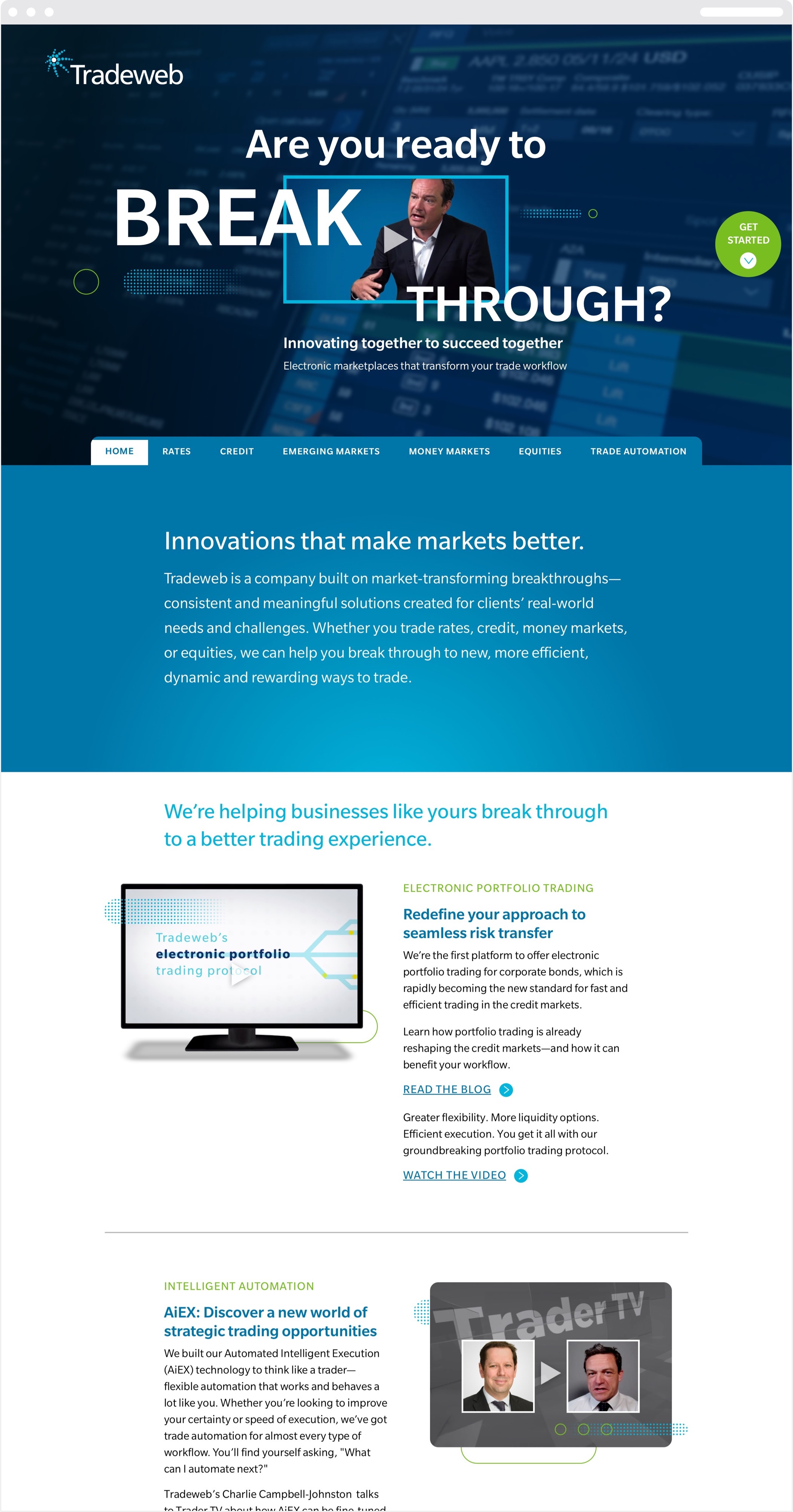 The Tradeweb break through campaign web home page with images and content about its various electronic trading products and solutions. 