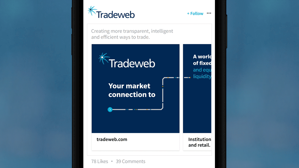 Animated LinkedIn ad with illustrations and text outlining Tradeweb's asset-class trading capabilities.