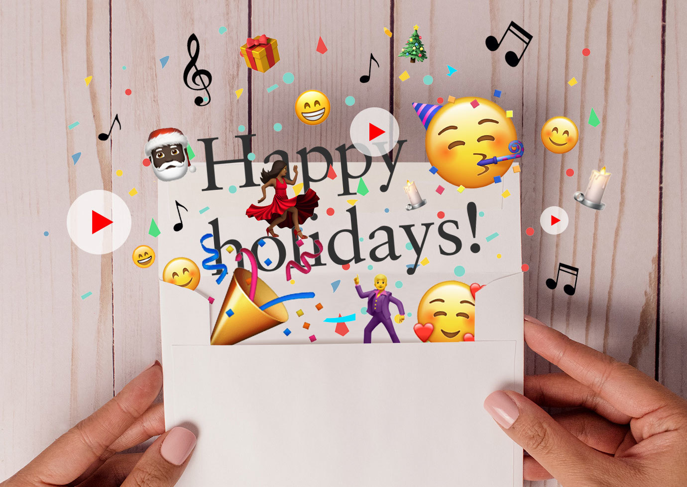 Hands holding an envelope with a holiday card and confetti, musical notes, and happy emojis coming out of it.