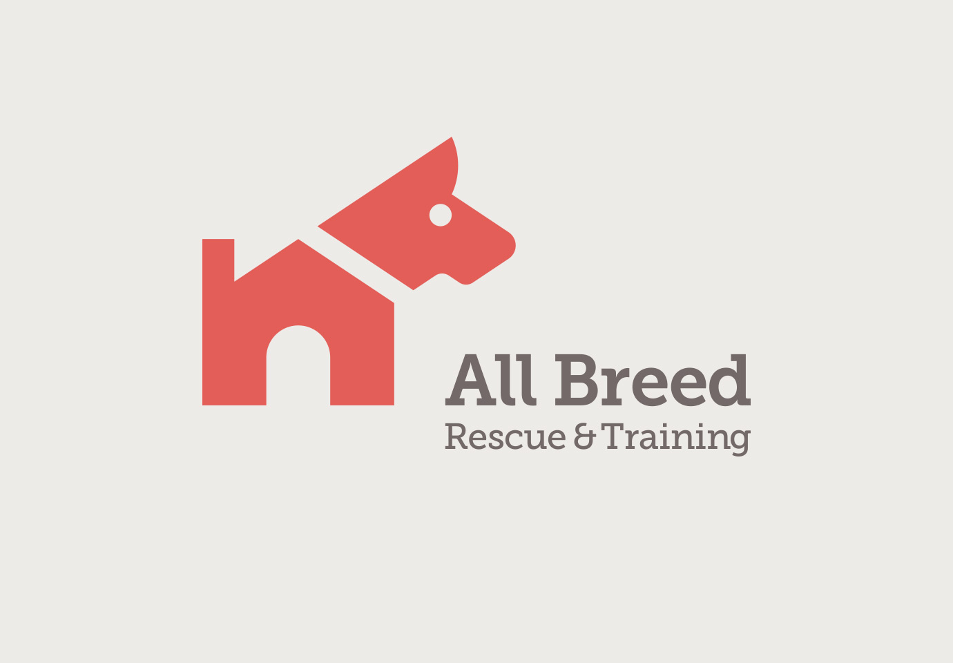 The All Breed Rescue and Training logo and red symbol, a silhoutte of a dog's body made partially from the shape of a house.