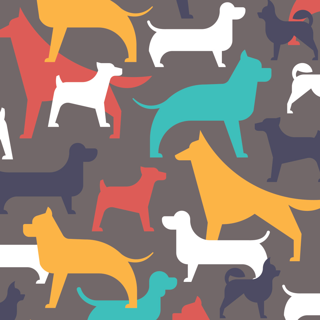 A collage pattern of colorful dog silhouettes featuring a variety of sizes and breeds.