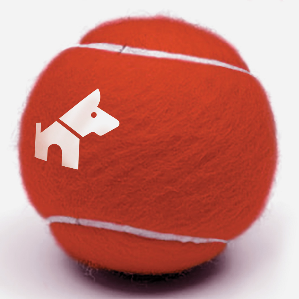 A red tennis ball imprinted with the All Breed Rescue and Training brand logo.