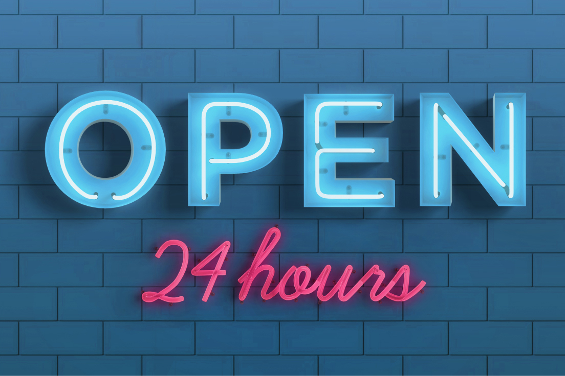 Neon sign that reads “Open 24 hours.”