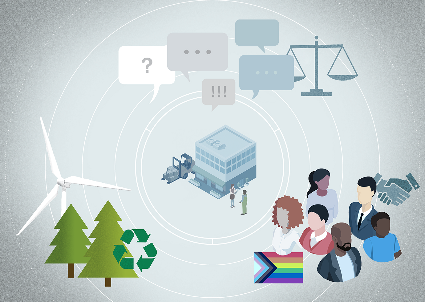 An illustration of elements representing environmental, social, and governance ideas around a small office building