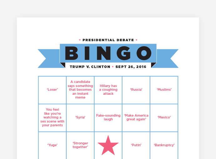 A stylizized bingo card with humorous categories to play along with the 2016 presidential debates.