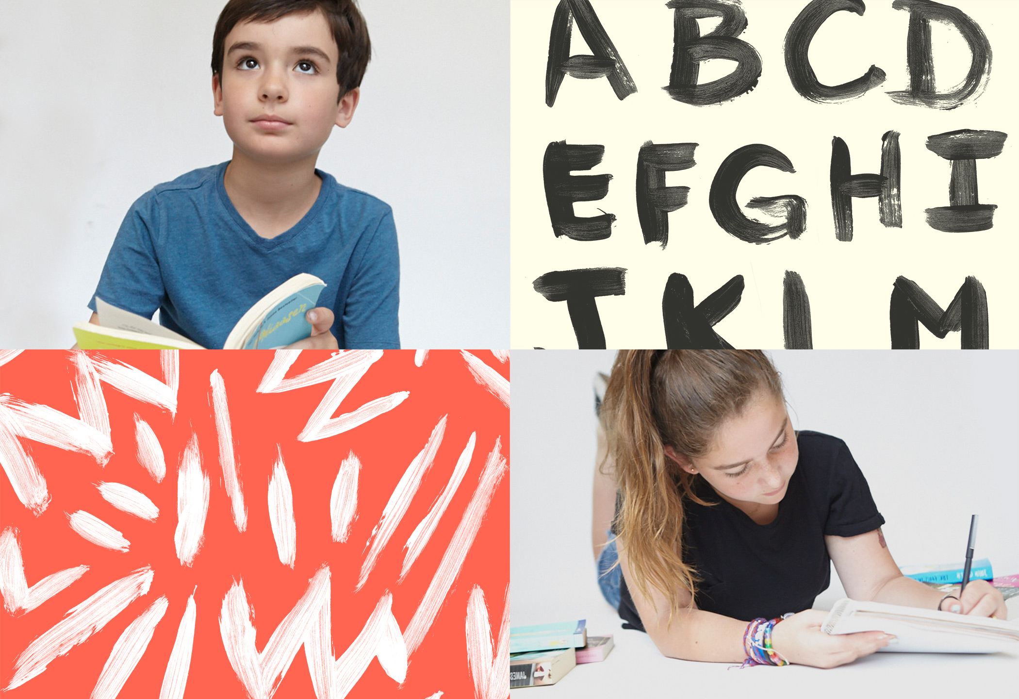 A grid of four pictures with a young boy and girl and hand-painted patterns and type.
