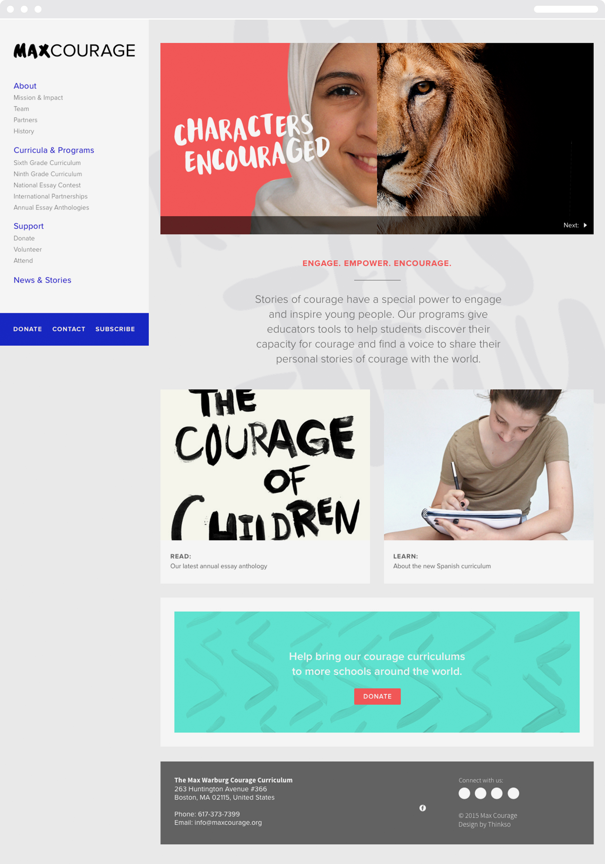 The Max Courage homepage with the headline "Characters encouraged" and a split image of a girl and a lion that creates one hybrid face.