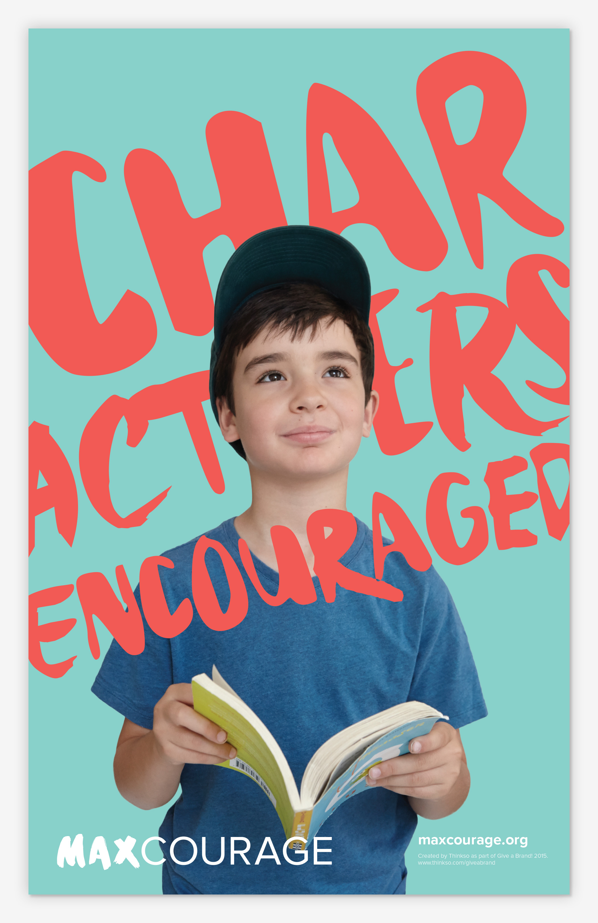 A Max Courage brochure cover shows a boy in a ball cap holding an open book and the text, "Characters encouraged."