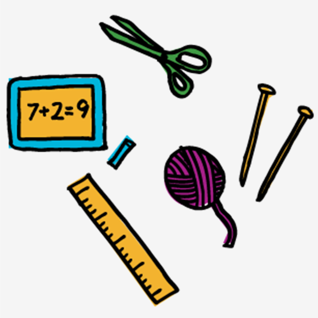Simple illustrations of a pair of scissors, a writing tablet, a ruler, a ball of yarn, and knitting needles.