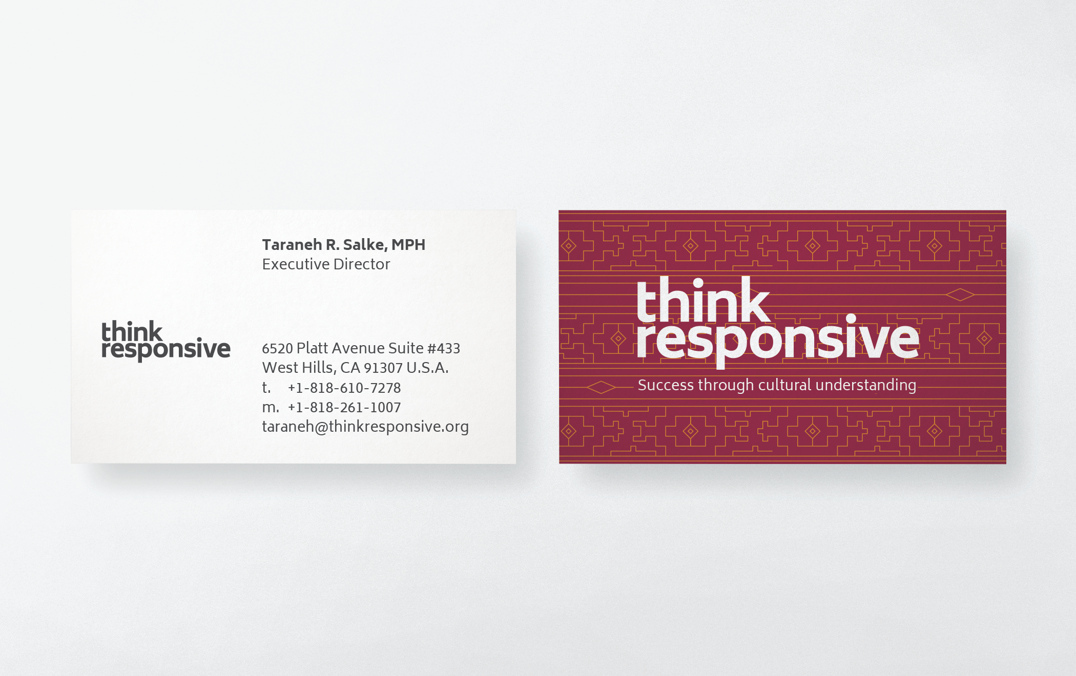 The front and back of a Think Responsive business card with logotype and the distinctive intricate brand pattern in red.