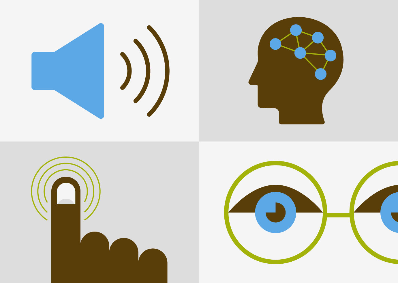 4 universal ADA web compliance symbols: megaphone, human cognition, finger touch, eyeglasses.