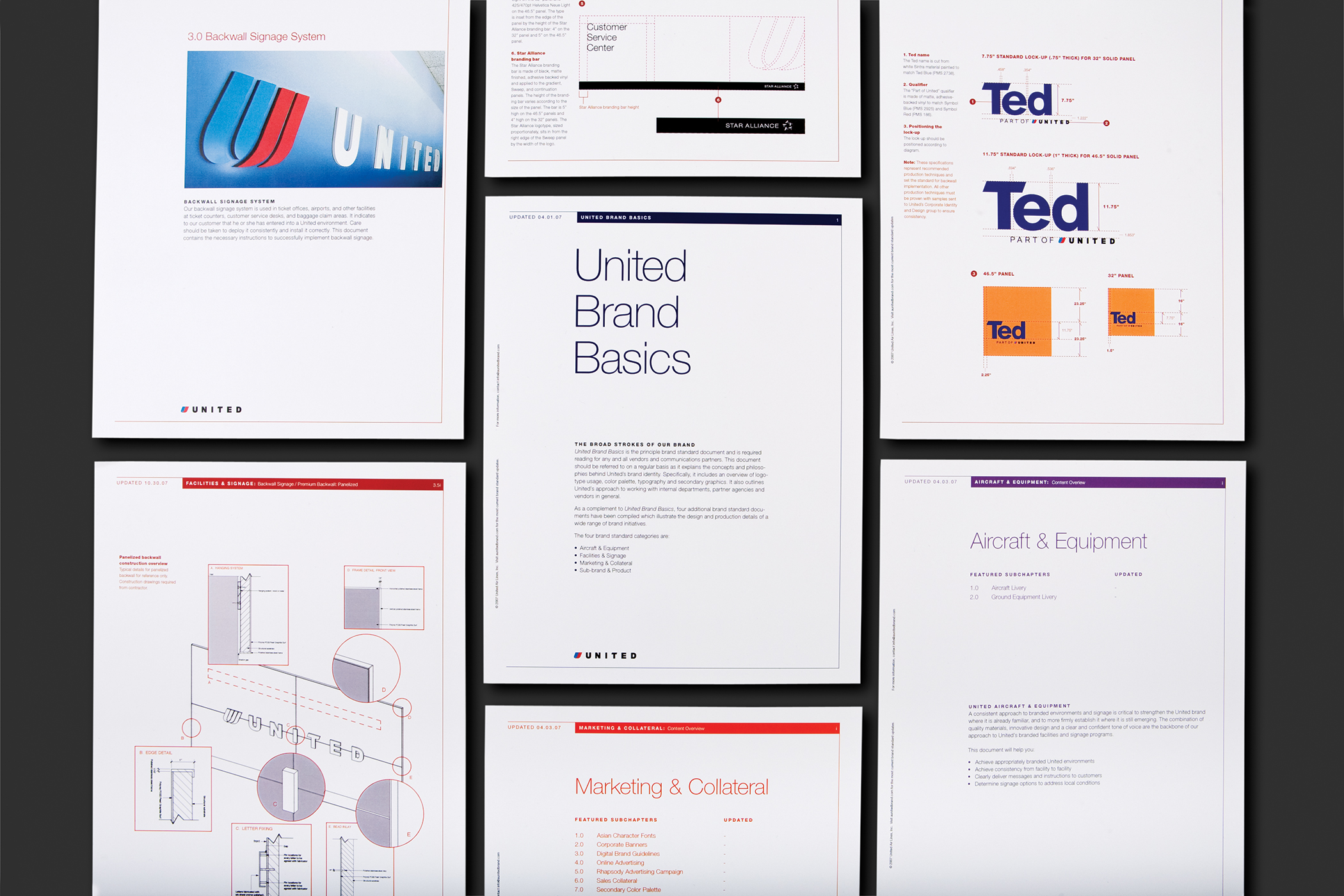 Grid of pages from United Airlines brand standards book, titled "United Brand Basics."