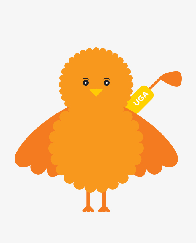 Birdie, the illustrated orange Urban Golf Academy mascot, carrying a golf bag.