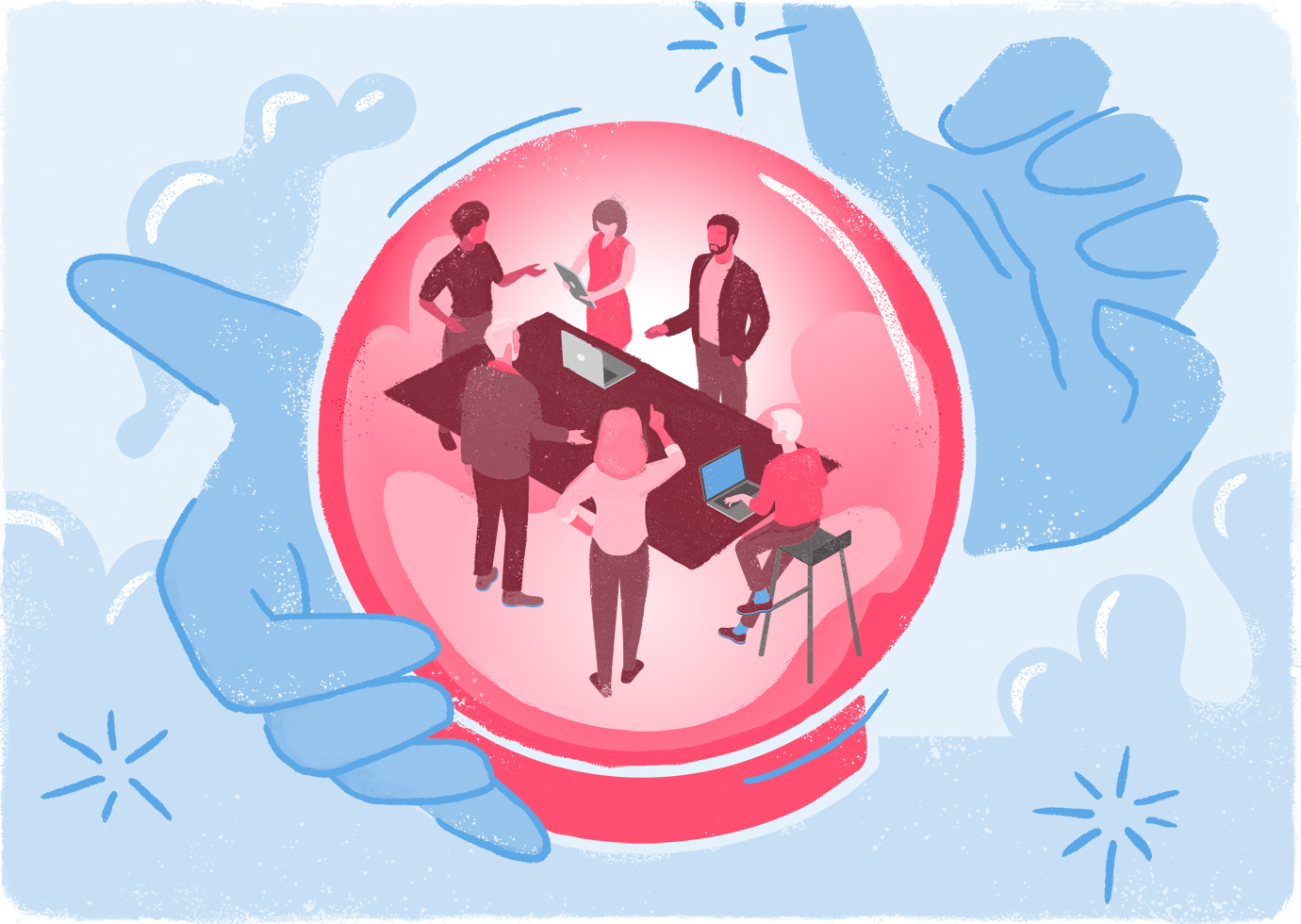 An illustration of a business meeting taking place inside of a crystal ball held by two hands.