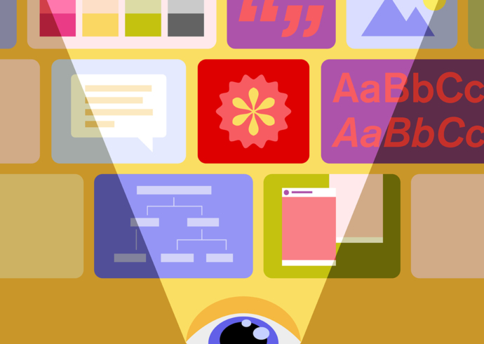 Stylized illustration of an eye spotlighting a colorful grid of design elements, including icons, quotes, images, and flowcharts.