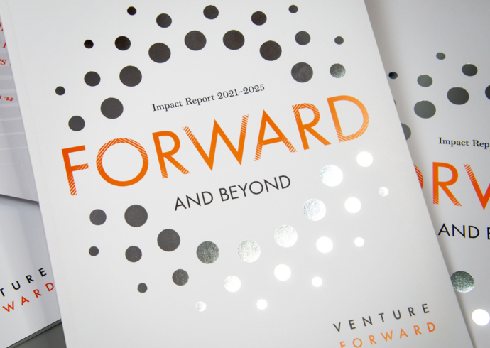 Cover of the Venture Forward Princeton Impact Report 2021–2025. Type on cover reads "Forward and Beyond."
