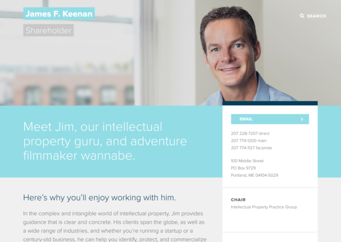 A man looks into the camera and smiles on a lawyer biography page on the Bernstein Shur website.