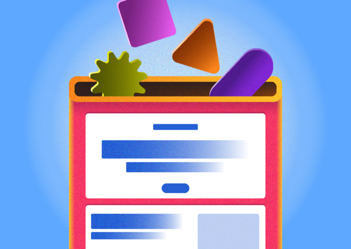 Conceptual graphic with colorful shapes dropping into a stylized email template, representing the essential components that make up an e-blast.