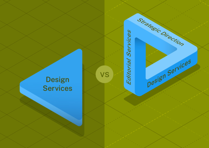 Lefthand diagram showing “Design Services” alone next to a righthand diagram of the creative agency approach integrating strategy, editorial, and design together.