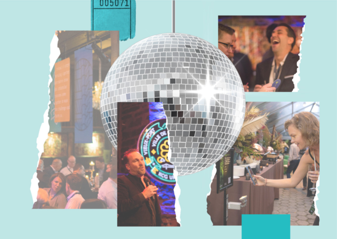 Collage-style graphic featuring photos of past Thinkso-designed branded experiences, with a striking oversized disco ball at the center.