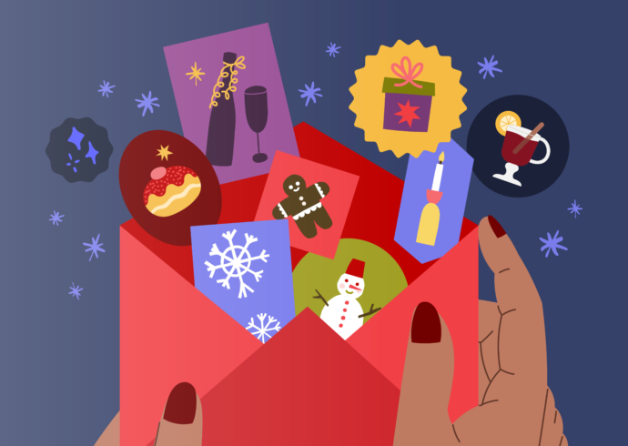 Hands holding a red envelope filled with colorful holiday cards showing festive icons like a snowman, snowflake, gingerbread, and gifts.