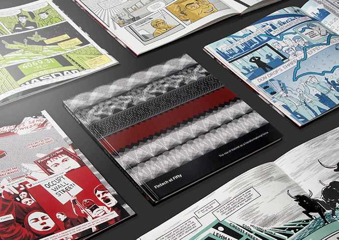The cover and various illustrated pages for the Instinet Fintech a Fifty anniversary graphic novel.