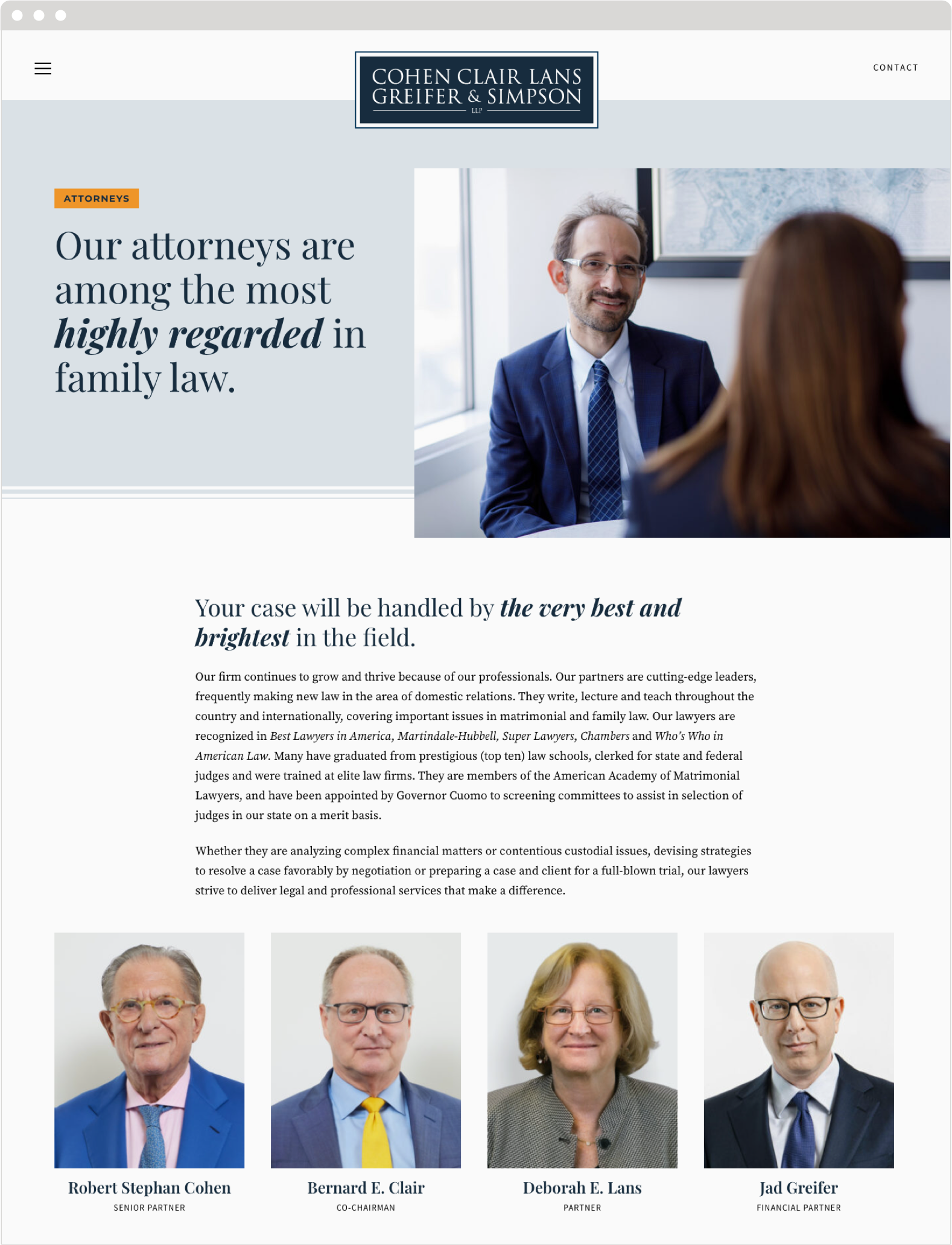 The Family Law Services section of the Cohen Clair website, featuring text about the firm’s capabilities and images of its lawyers in action.