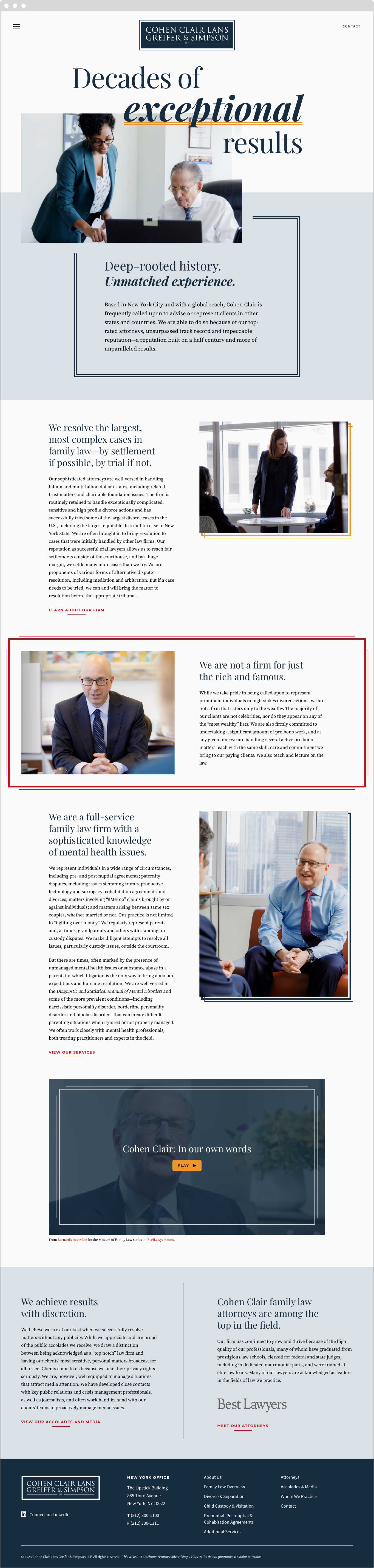 The Cohen Clair law firm’s web home page with text about the firm and images of its lawyers.