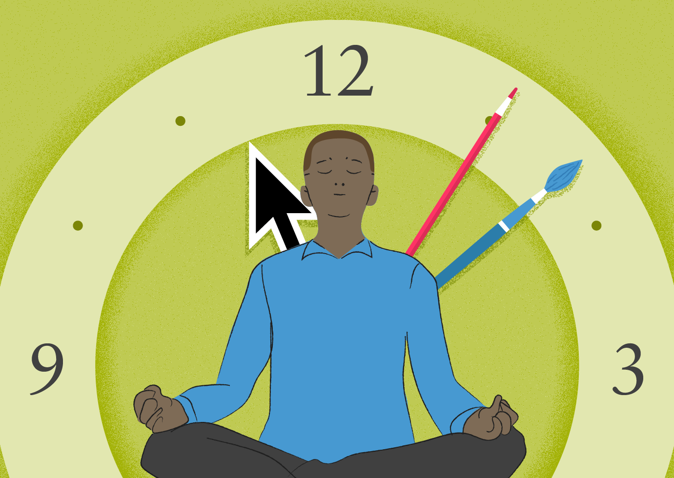 A meditating figure sitting cross legged in from a  giant clock. The clock's hands are a colored pencil, an artist's paintbrush, and an oversized computer cursor.    