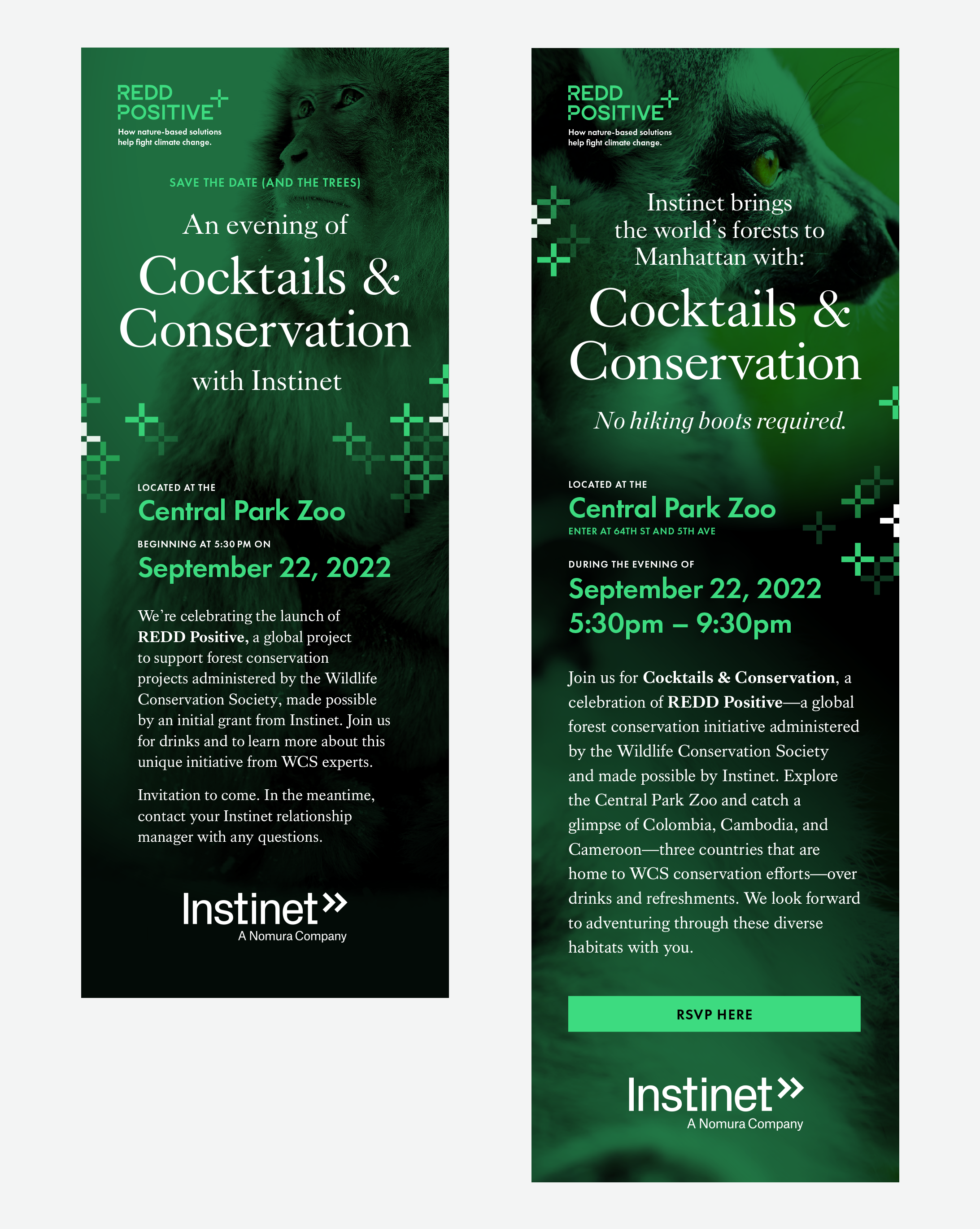 Email invitations for the Redd Positive Cocktails and Conservation launch event at the Central Park Zoo with text about the event laid over green- and black-tinted close up images of zoo animals.
