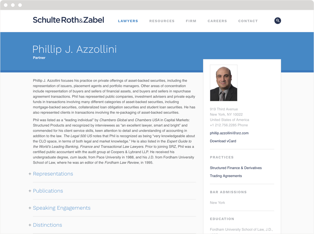 An example of a lawyer biography page on the The Schulte Roth & Zabel website.