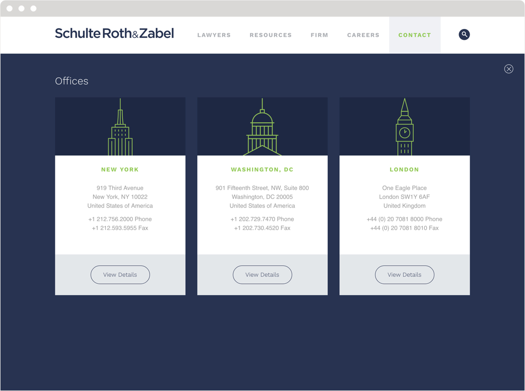 The office locations page on the The Schulte Roth & Zabel website.