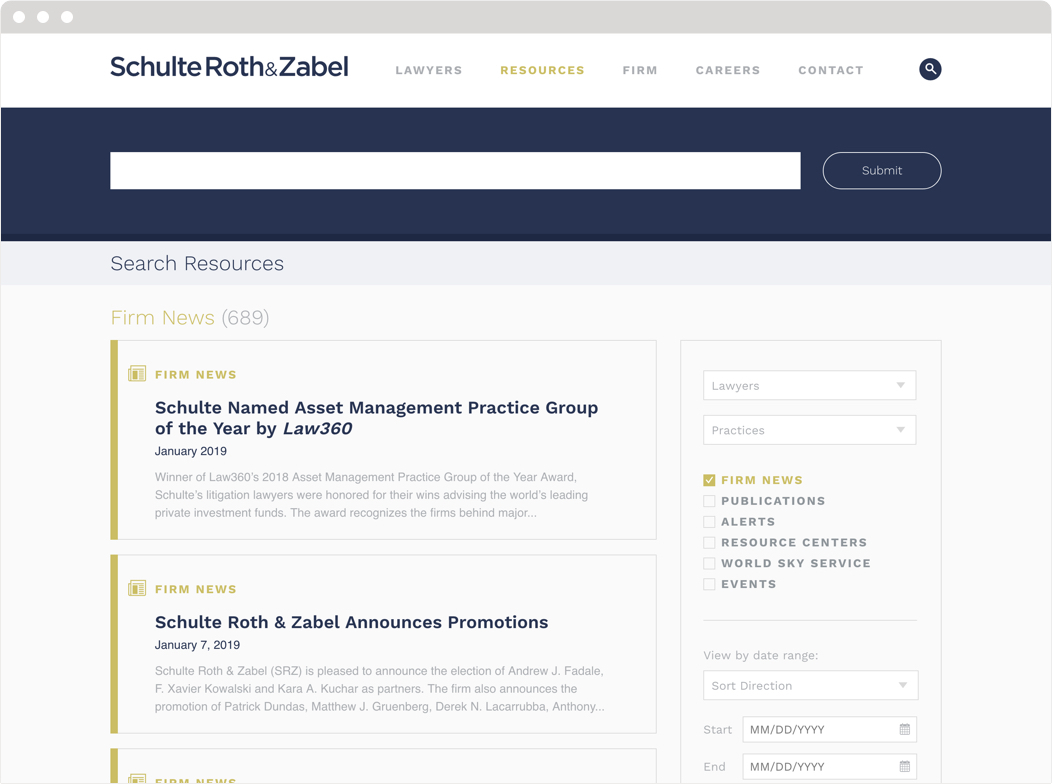 An example of a search results page on the The Schulte Roth & Zabel website.