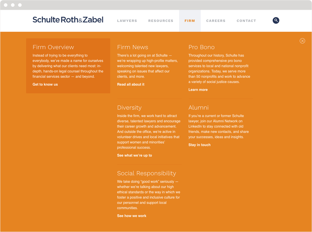 The Schulte Roth & Zabel firm overview web page with links to pro bono, diversity, alumni, and social responsibility pages.