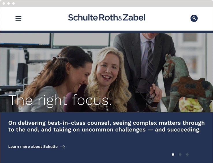 The Schulte Roth & Zabel web homepage featuring a carousel of staff photos and headlines, including "Built for efficiency."