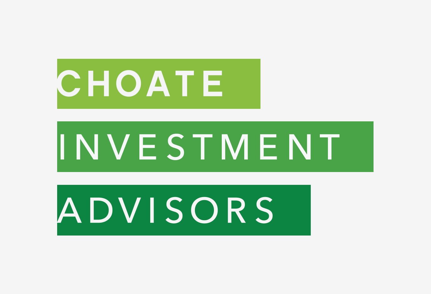 A GIF of the phrase "Choate IA" transforming into the full white type on stacked green bars Choate Investment Advisors logotype.