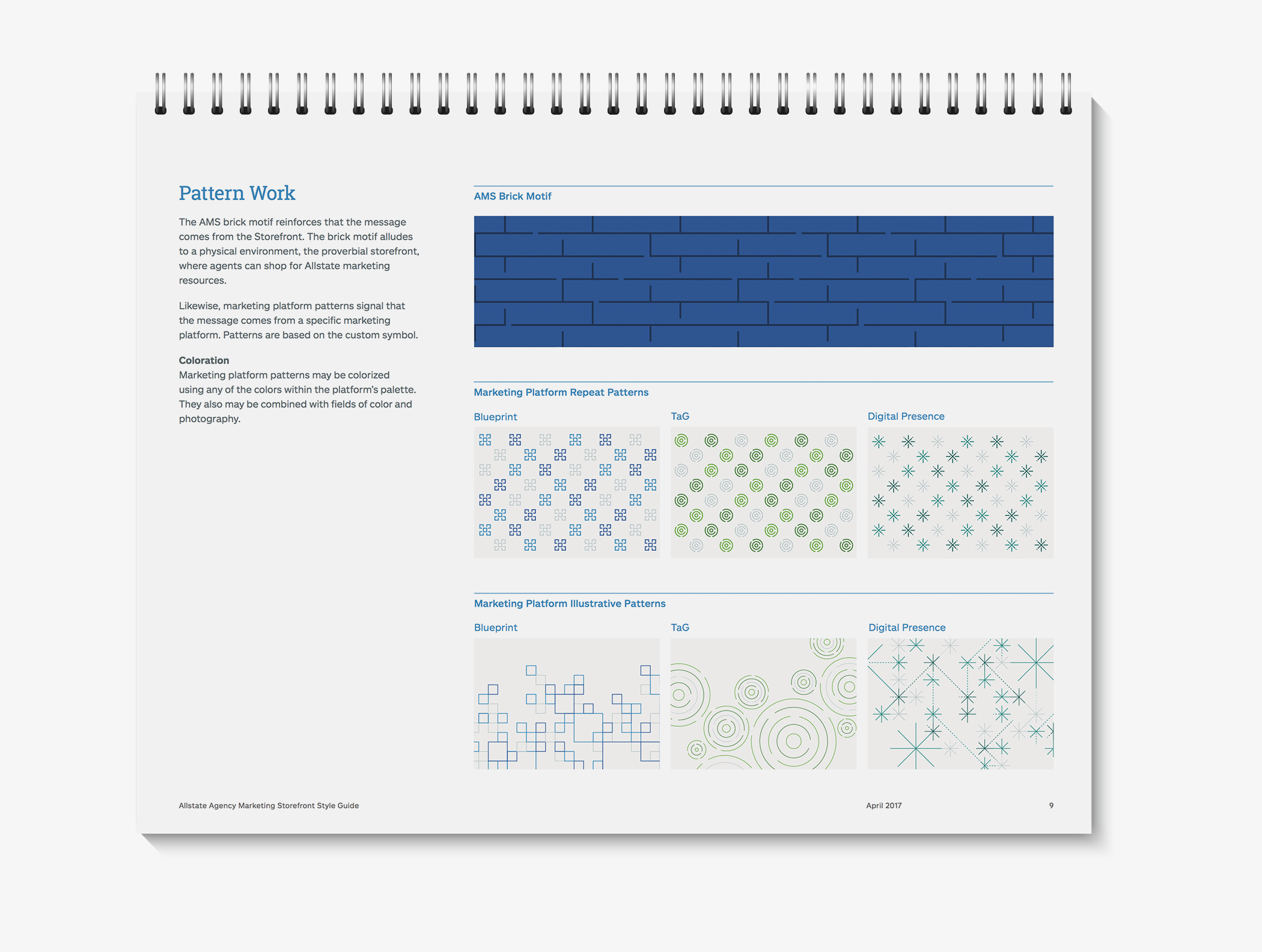 Page from the Allstate Agency Marketing Storefront brand guide showing guidelines for graphical brand pattern usages.