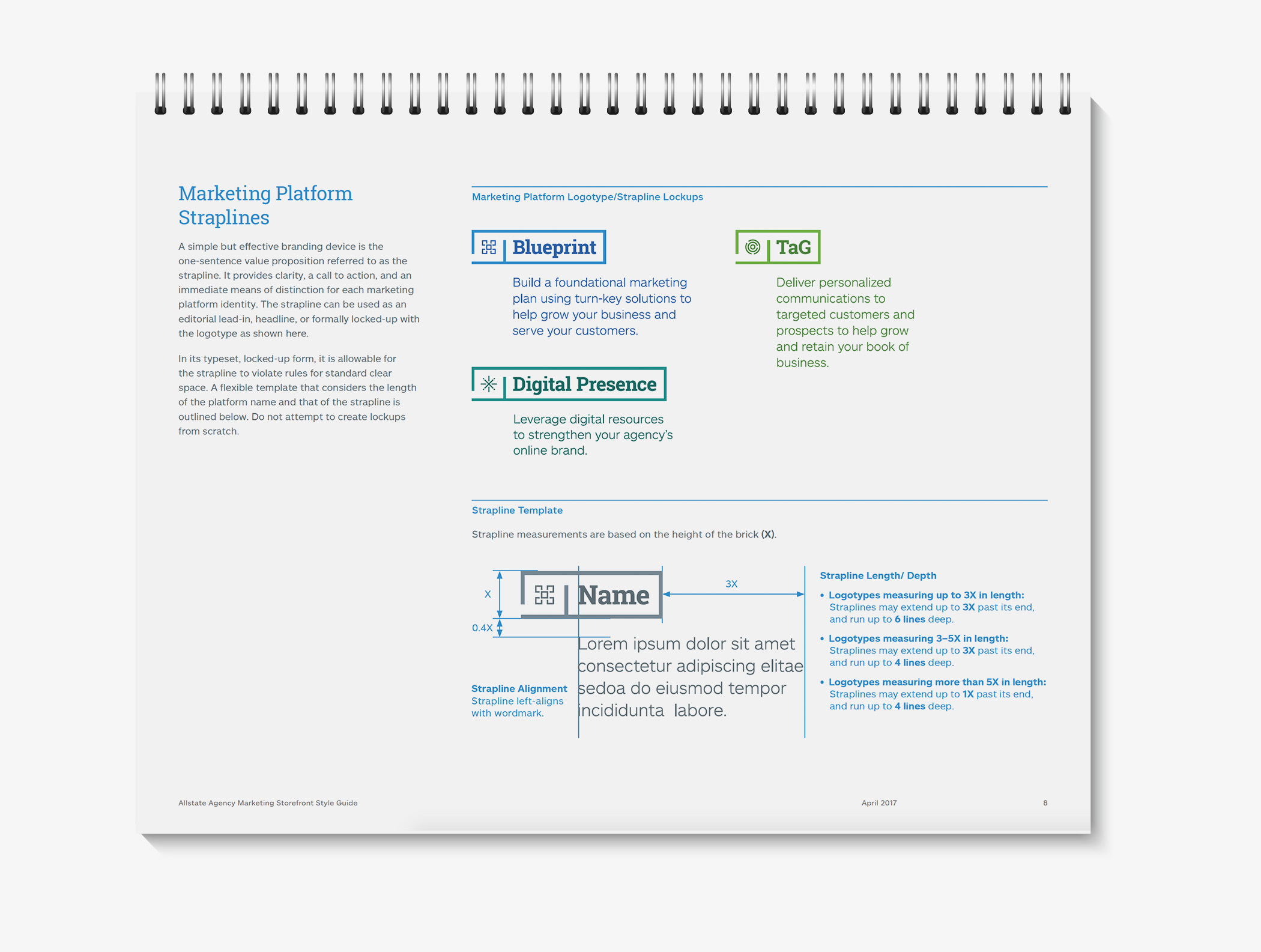 Page from the Allstate Agency Marketing Storefront brand guide showing template for marketing platform straplines.