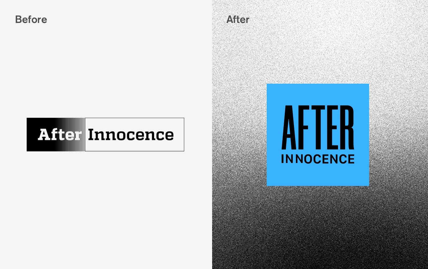A side by side comparison of the After Innocence logo before and after the rebrand.