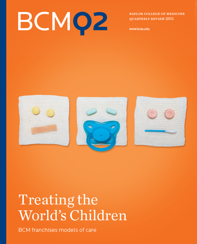 Illustrated cover of Baylor College of Medicine BCM Q2 report, with the title "Treating the world's children."