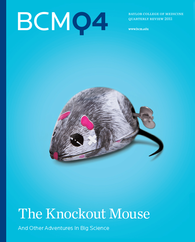 Illustrated cover of Baylor College of Medicine BCM Q4 report, with the title "The knockout mouse."