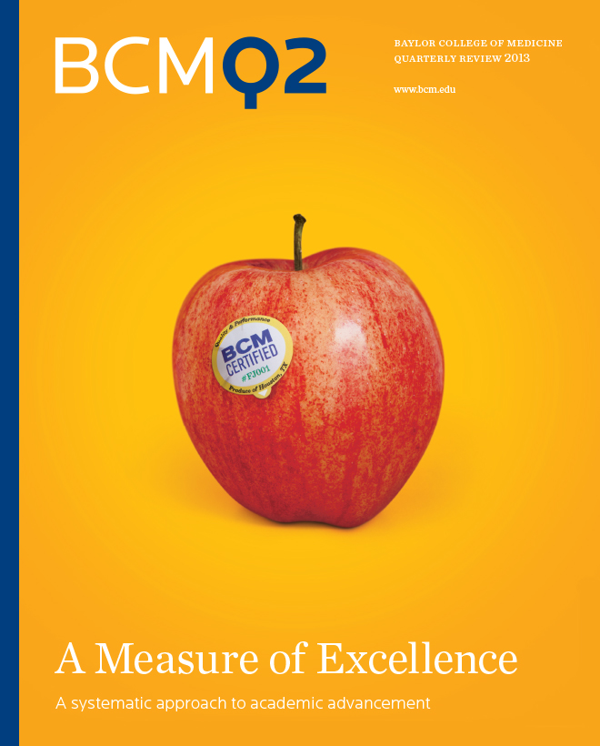 Illustrated cover of Baylor College of Medicine BCM Q2 report, with the title "A measure of excellence."