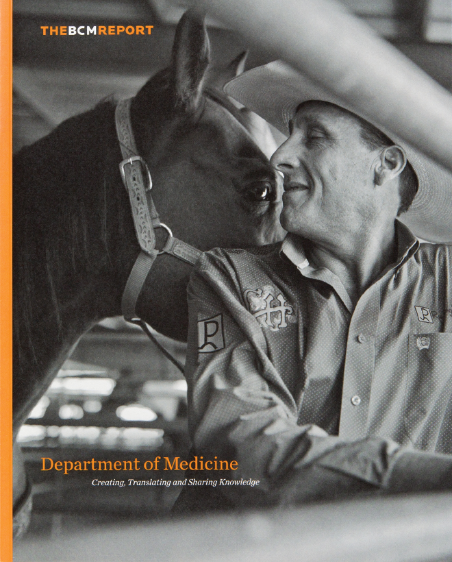 Cover of Baylor College of Medicine BCM report, featuring a close up of a cowboy and his horse. 