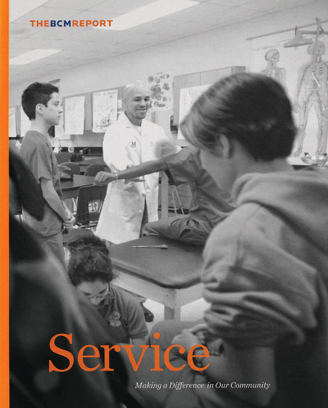 Cover of Baylor College of Medicine BCM report, featuring a group of students and faculty member in a classroom.