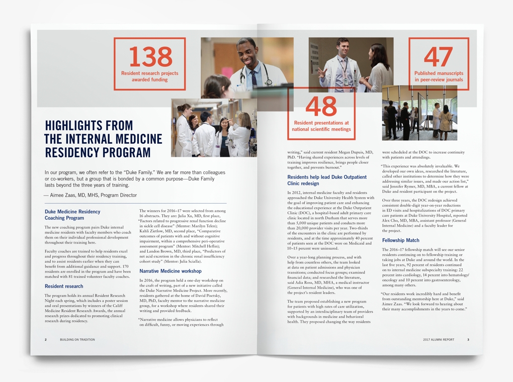 Pages of the Duke University Department of Medicine 2017 Alumni Report highligting the internal medicine residents program. 