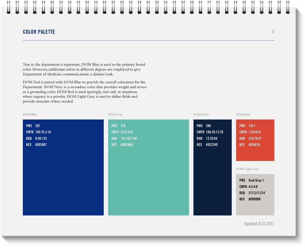 Page from the Duke University of Department Medicine Communications Framework style guide showing the brand color palette. 