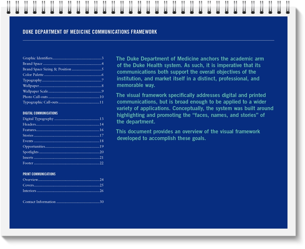 Page from the Duke University of Department Medicine Communications Framework style guide with the brand positioning statement.