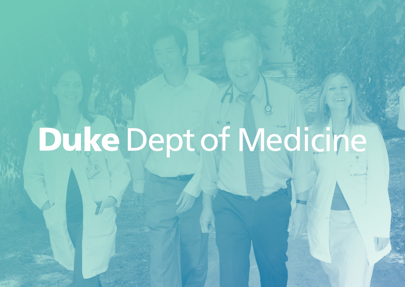 Duke University Department of Medicine logotype in white over a green tinted photo of a group of faculty and students walking